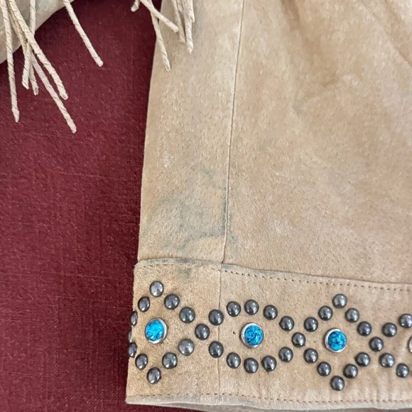 Scully Beige Fringe Leather Jacket with Turquoise Stud Accents - Picture 7 of 9